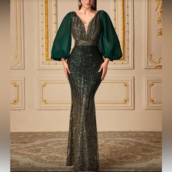 Luxe green lantern sleeve sequins party formal evening prom maxi dress - Picture 4 of 6